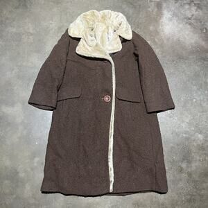 Vintage 50s Brown Wool Fur Lined Overcoat